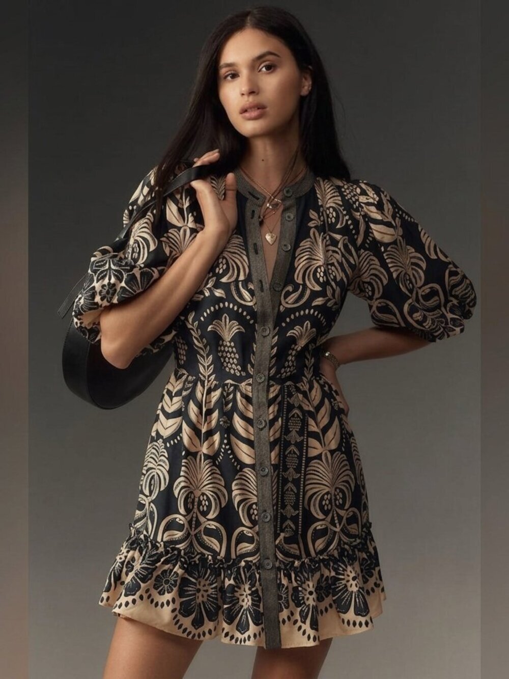 NWT Anthropologie Farm Rio Ainika Floral Puff Sleeve Mini Dress XS Navy Tan